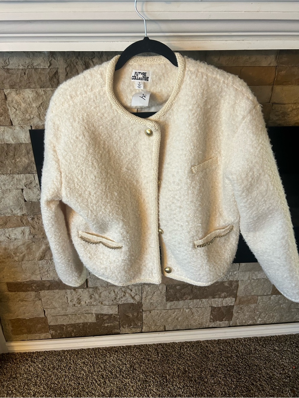 Future Collective Cream Teddy Jacket with Gold Trim Preppy